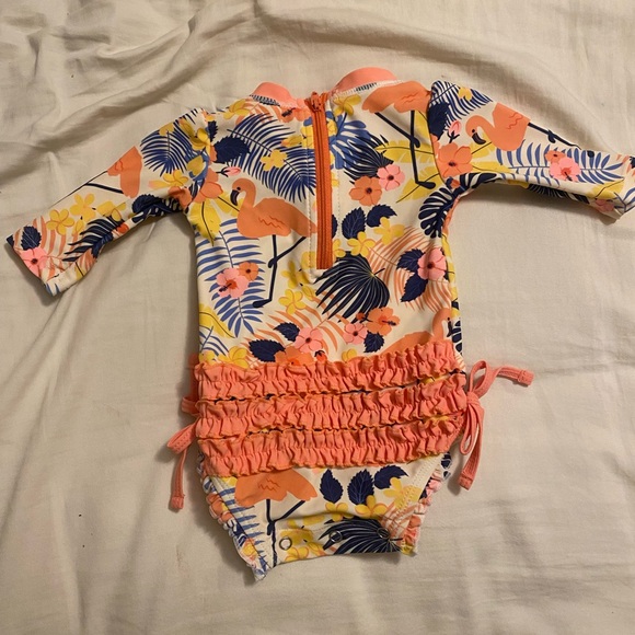 RuffleButts Coral flamingo long sleeve Infant Rashguard - Picture 4 of 4